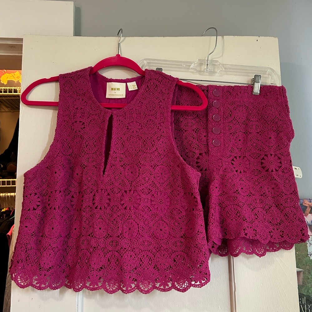 Anthropologie. Maeve Fuchsia Crochet Lace Short set.   Top 10   Bottoms 8